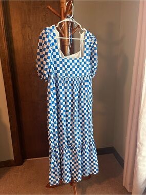 En Saison Blue/White Puff Sleeve Checkered Print Midi Dress with pockets - S